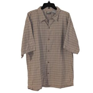 Plugg Mens XL Short Sleeve Plaid Button Down Shirt Beige Gray Blue Cotton Skater